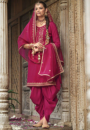 Embroidered Viscose Silk Punjabi Suit in Fuchsia