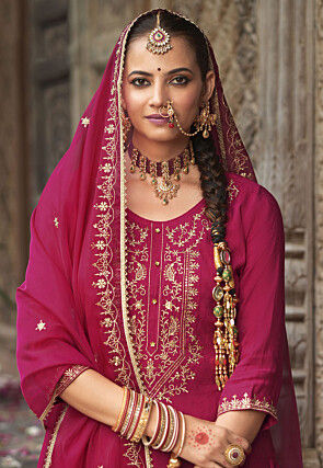 Embroidered Viscose Silk Punjabi Suit in Fuchsia