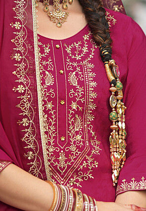 Embroidered Viscose Silk Punjabi Suit in Fuchsia