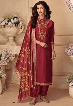 Embroidered Viscose Silk Punjabi Suit in Maroon