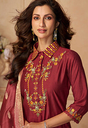 Embroidered Viscose Silk Punjabi Suit in Maroon