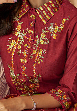 Embroidered Viscose Silk Punjabi Suit in Maroon