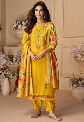 Embroidered Viscose Silk Punjabi Suit in Mustard