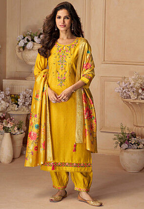 Embroidered Viscose Silk Punjabi Suit in Mustard