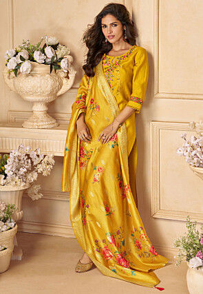 Embroidered Viscose Silk Punjabi Suit in Mustard