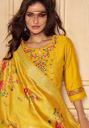 Embroidered Viscose Silk Punjabi Suit in Mustard