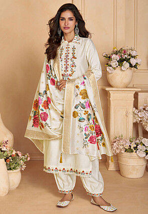 Embroidered Viscose Silk Punjabi Suit in Off White