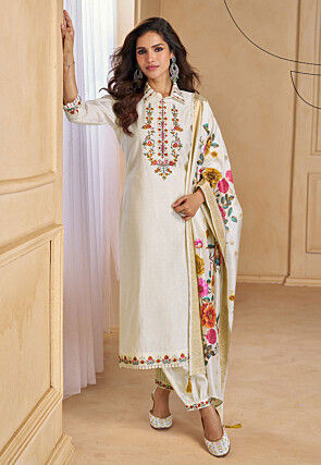 Embroidered Viscose Silk Punjabi Suit in Off White