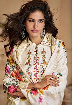 Embroidered Viscose Silk Punjabi Suit in Off White