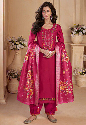 Embroidered Viscose Silk Punjabi Suit in Pink