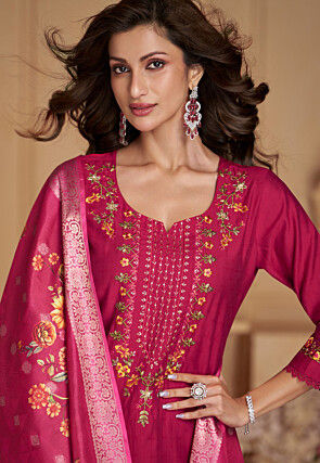 Embroidered Viscose Silk Punjabi Suit in Pink