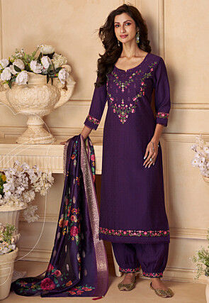 Embroidered Viscose Silk Punjabi Suit in Purple