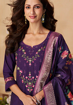 Embroidered Viscose Silk Punjabi Suit in Purple