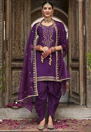 Embroidered Viscose Silk Punjabi Suit in Purple