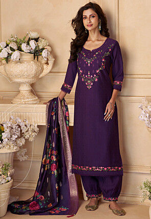 Embroidered Viscose Silk Punjabi Suit in Purple