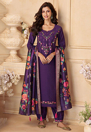 Embroidered Viscose Silk Punjabi Suit in Purple
