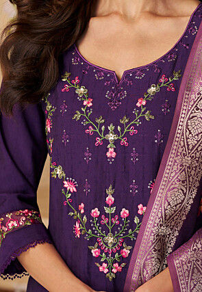 Embroidered Viscose Silk Punjabi Suit in Purple