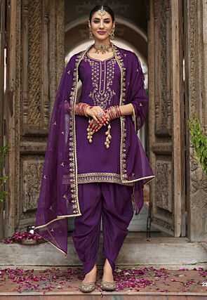 Embroidered Viscose Silk Punjabi Suit in Purple