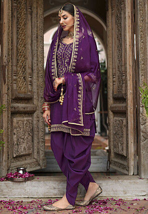 Embroidered Viscose Silk Punjabi Suit in Purple
