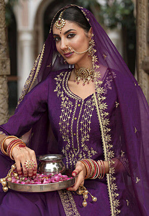 Embroidered Viscose Silk Punjabi Suit in Purple