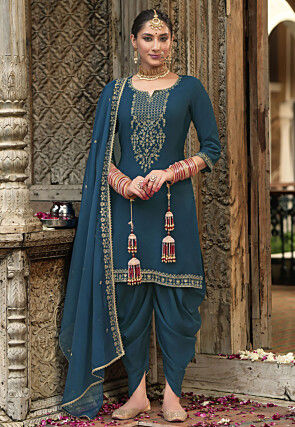 Embroidered Viscose Silk Punjabi Suit in Teal Blue