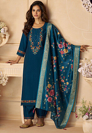 Embroidered Viscose Silk Punjabi Suit in Teal Blue
