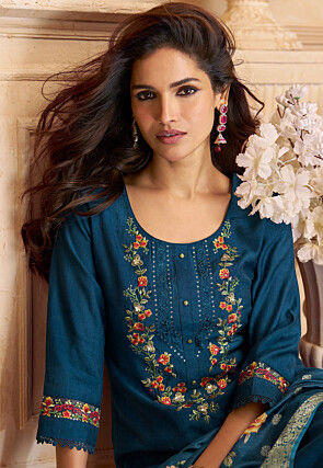 Embroidered Viscose Silk Punjabi Suit in Teal Blue