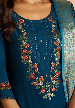 Embroidered Viscose Silk Punjabi Suit in Teal Blue