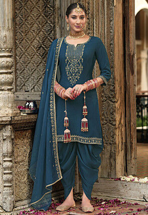 Embroidered Viscose Silk Punjabi Suit in Teal Blue