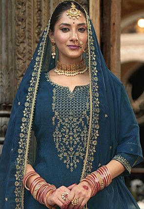 Embroidered Viscose Silk Punjabi Suit in Teal Blue
