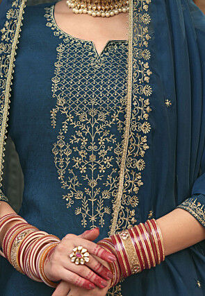 Embroidered Viscose Silk Punjabi Suit in Teal Blue