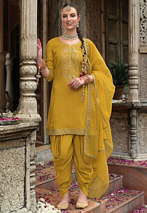 Embroidered Viscose Silk Punjabi Suit in Yellow