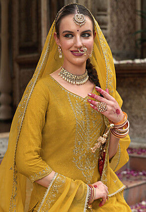 Embroidered Viscose Silk Punjabi Suit in Yellow