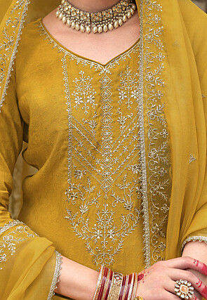 Embroidered Viscose Silk Punjabi Suit in Yellow