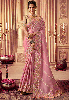 Embroidered Border Viscose Silk Saree in Baby Pink