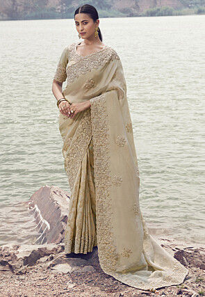 Embroidered Viscose Silk Scalloped Saree in Beige