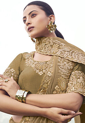 Embroidered Viscose Silk Scalloped Saree in Beige