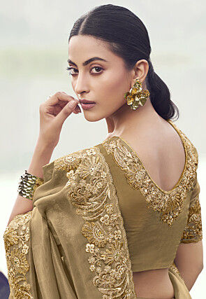 Embroidered Viscose Silk Scalloped Saree in Beige