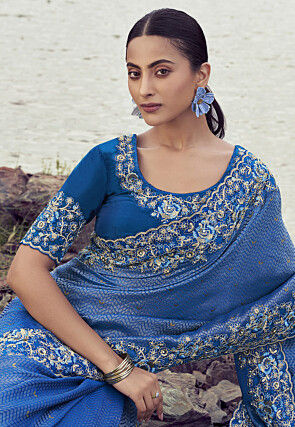 Embroidered Viscose Silk Scalloped Saree in Blue