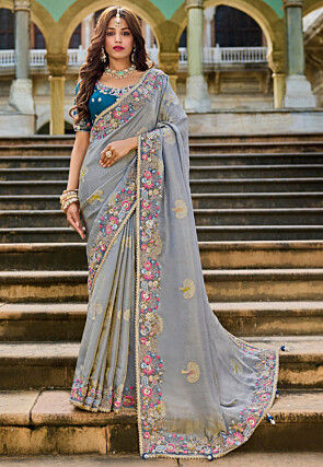 Embroidered Viscose Silk Jacquard Saree in Light Blue