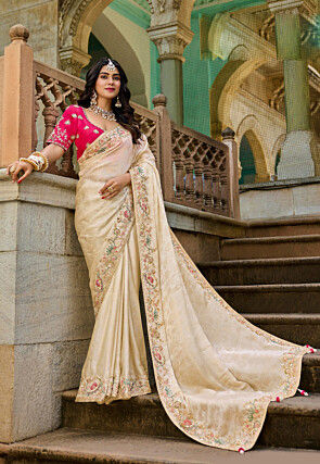 Embroidered Viscose Silk Jacquard Saree in Off White