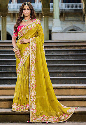 Embroidered Viscose Silk Jacquard Saree in Olive Green