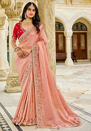 Embroidered Viscose Silk Jacquard Saree in Peach
