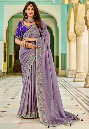Embroidered Viscose Silk Jacquard Saree in Purple