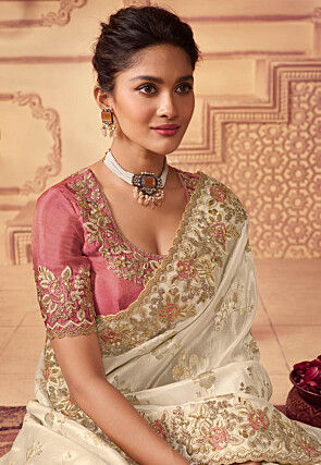 Embroidered Border Viscose Silk Scalloped Saree in Off White