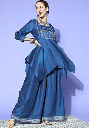 Embroidered Yoke Art Silk Asymmetric Tunic Set in Teal Blue