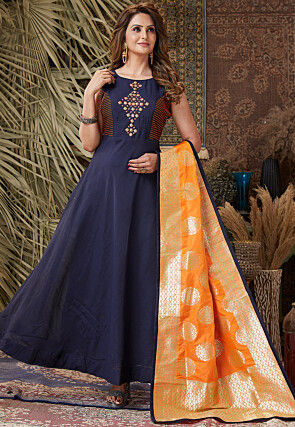 Embroidered Yoke Chanderi Silk Abaya Style Suit in Navy Blue