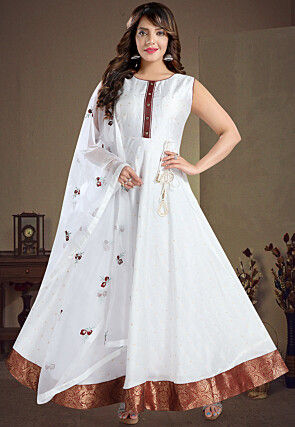 Embroidered Yoke Chanderi Silk Abaya Style Suit in Off White