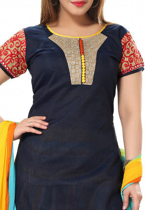 Embroidered Yoke Chanderi Silk Punjabi Suit in Navy Blue