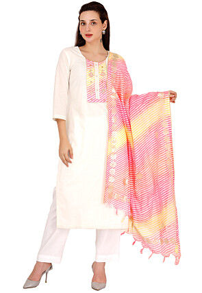 Embroidered Yoke Cotton Pakistani Suit in White